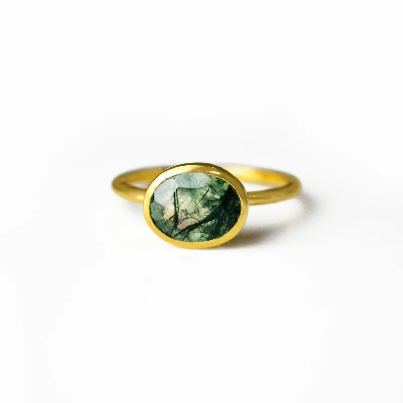 Custom Diamond Ring-Natural Moss Agate Oval Bezel Ring