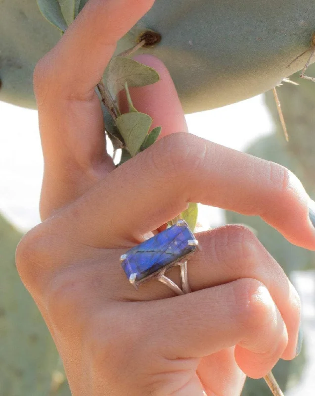 Heart Shaped Ring for Women-Rainbow Labradorite Rectangular Ring ~Sterling Silver 925 ~ MR277