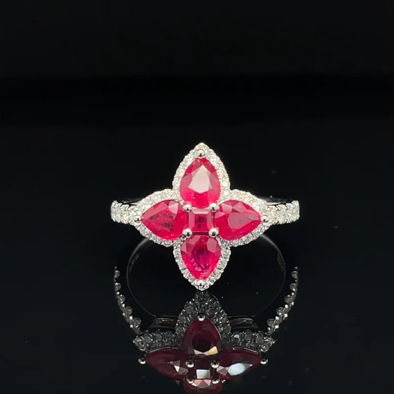 Black Titanium Ring for Men-Ruby & Diamond Hibiscus Flower Four Petal Cluster Ring in 18k White Gold - #545 - RGRUB107105