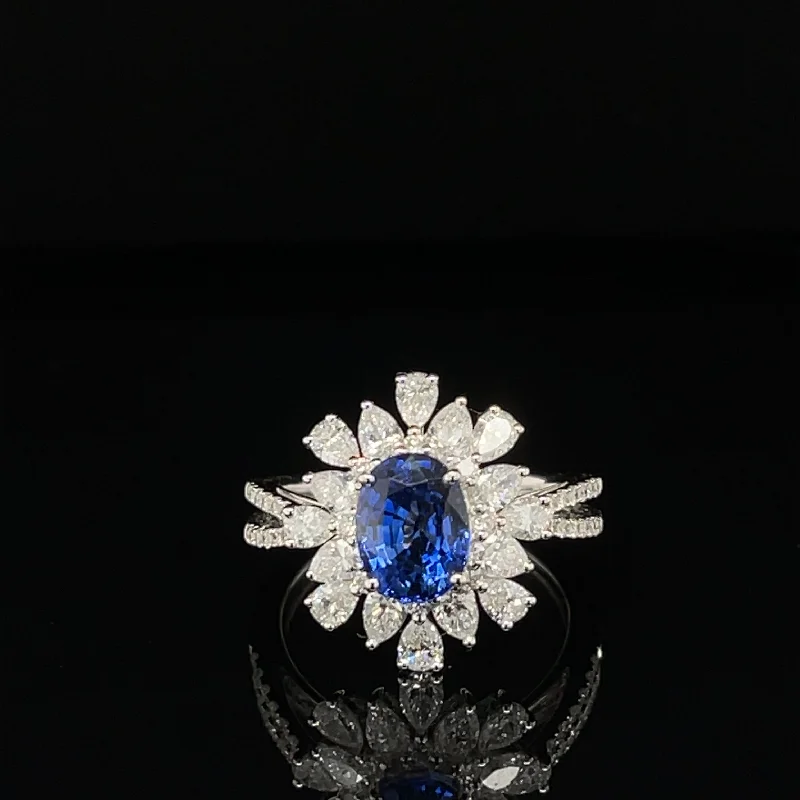 Engagement Ring with Side Stones-Sapphire & Diamond 3.69ctw Flower Cluster Split Shank Ring in 18k White Gold - #274 - RGSAP130839