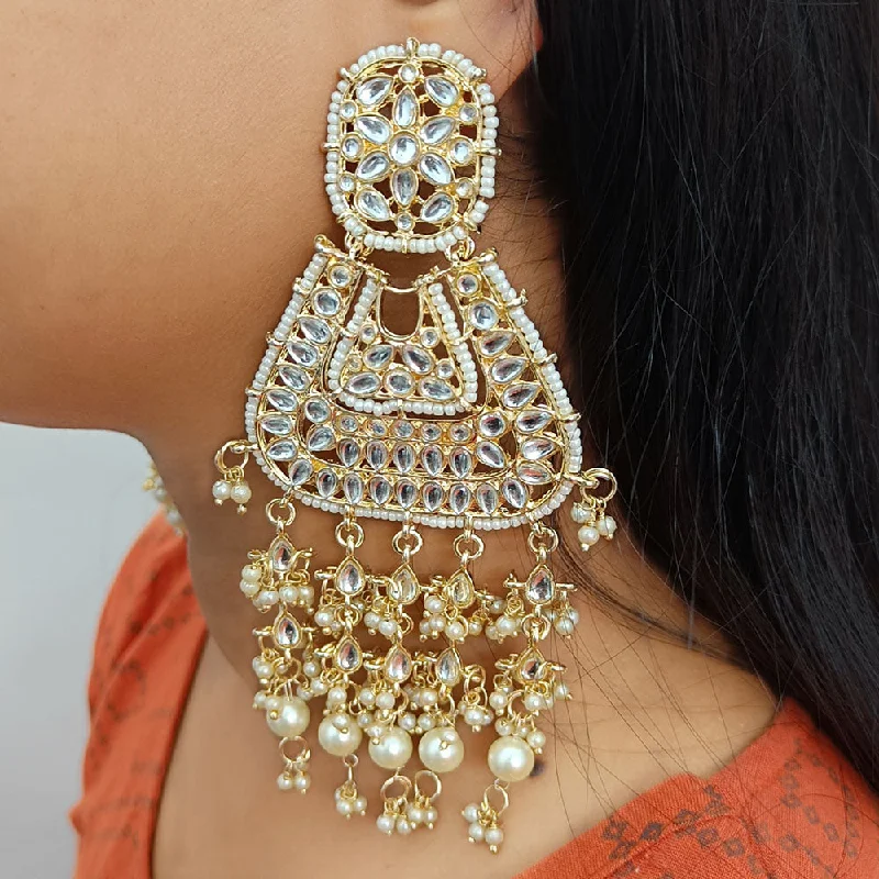 Bridal Earrings with Diamonds-Bridal Earrings with Diamonds-Gehana Mahal Gold Plated Kundan And Pearl Dangler Earrings