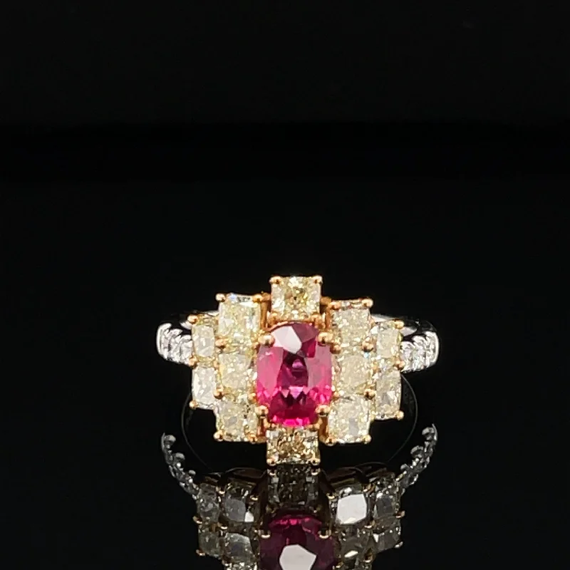 Unique Gemstone Ring-Ruby, Yellow & White Diamond 3.75ctw Chandelier Cluster Ring in 18k Two-Tone Gold - #271 - RGRUB099947