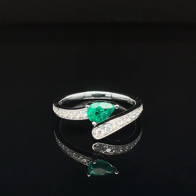 Birthstone Ring for Women-Emerald Solitaire & Diamond Bypass Ring in 18k White Gold - #613 - RGEME065799