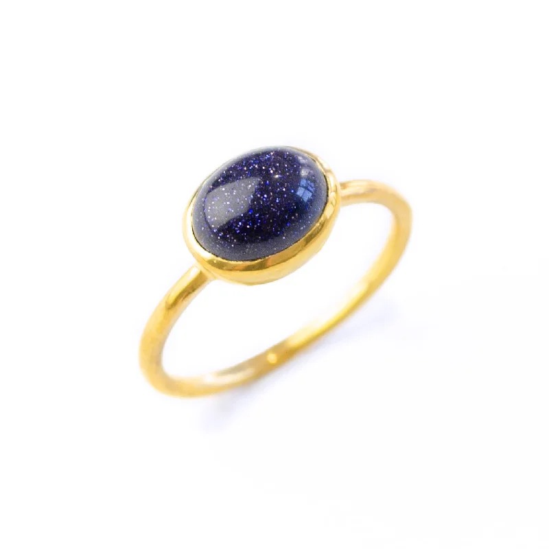 Custom Titanium Ring-Oval Blue Goldstone Cabochon Ring