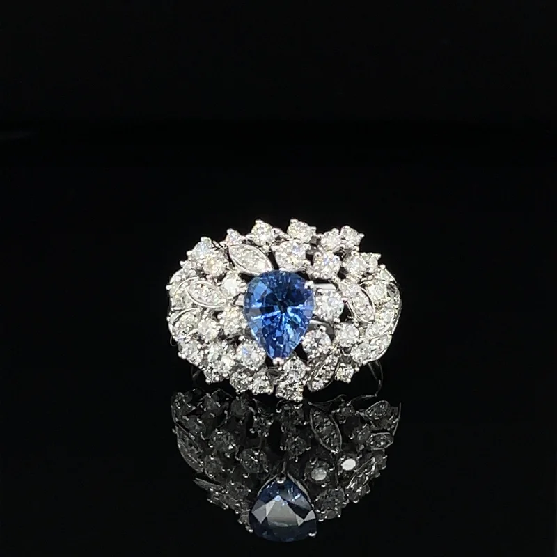 Gold Birthstone Ring-Blue Sapphire & Diamond 2.52ctw Dome Cluster Wreath Ring in 18k White Gold - #273 - RGSAP211041