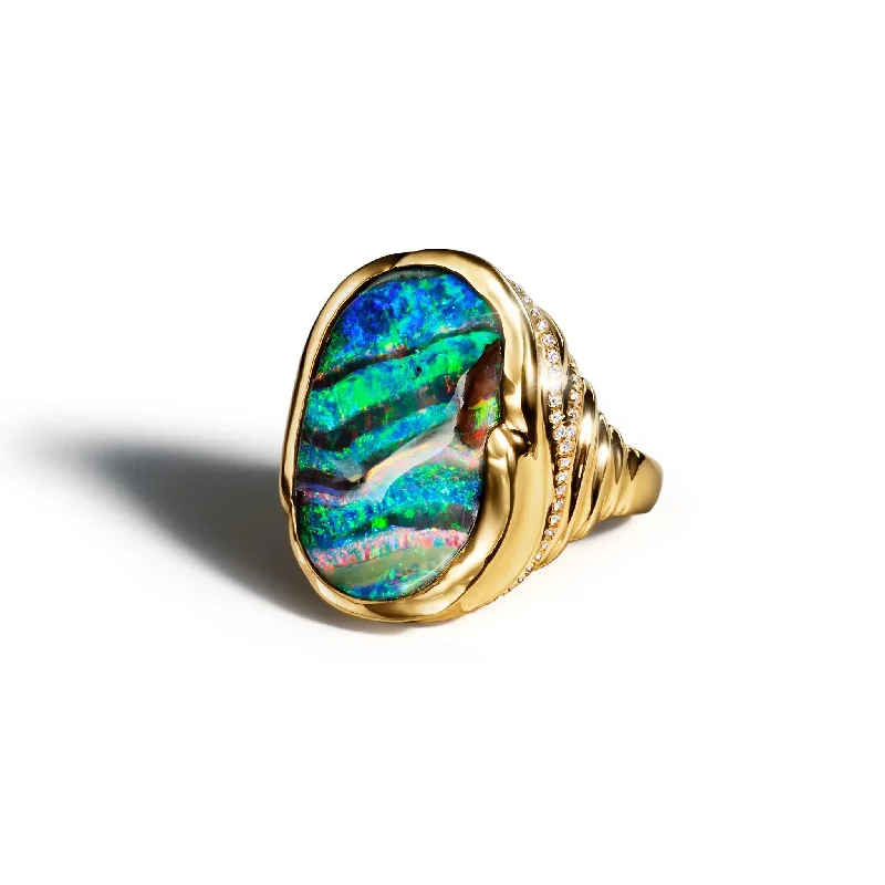 Diamond Wedding Band for Women-ZoZo Grand Boulder Opal & Pavé Ring