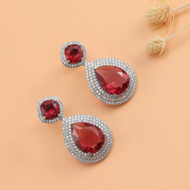 Gemstone Stud Earrings for Bridal-Gemstone Stud Earrings for Bridal-Nipura Red Dual Halo Danglers