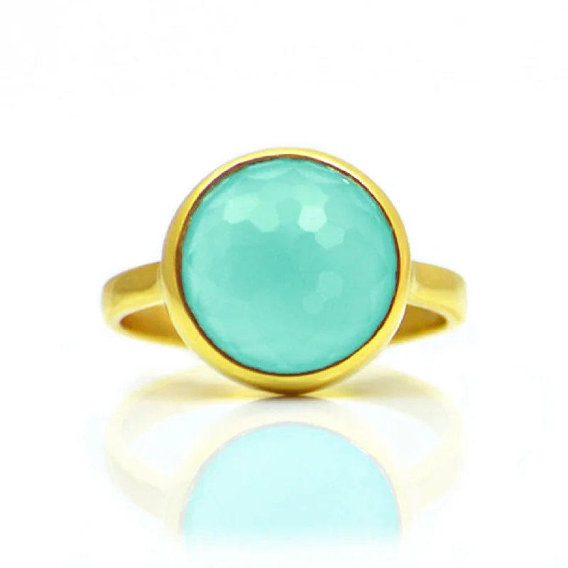 Luxury Diamond Engagement Ring-Aqua Chalcedony round bezel set ring - March Birthstone