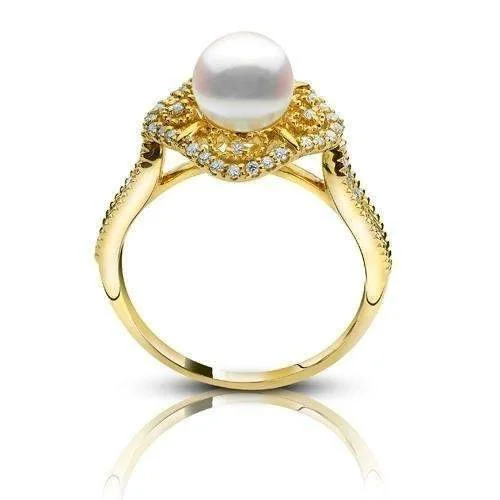 Men’s Gold Wedding Band-14K Yellow Gold Diamond Akoya Pearl Ring