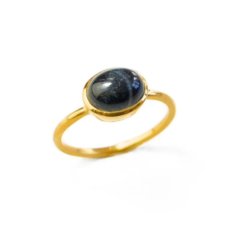 Trendy Stackable Rings-Oval Black Tiger Eye Cabochon Ring