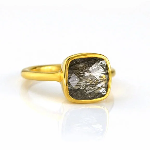 Gold Ring with Amethyst-Black Rutilated Quartz Cushion Square Bezel Set Stacking Ring