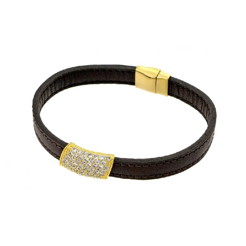 Natural Stone Bracelet-Clearance-Silver 925 Gold Plated Clear Micro Pave CZ Black Leather Bracelet - ECB004GP