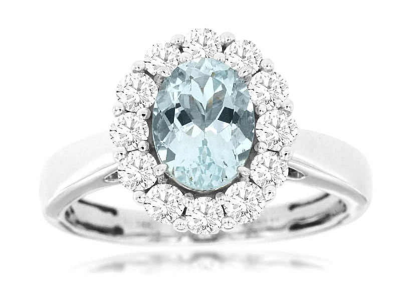 Personalized Ring with Initials-14K White Gold Aquamarine & Diamond Halo Ring