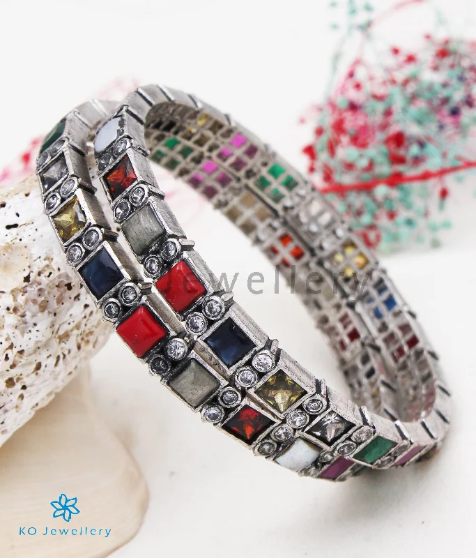 Birthstone Bracelet for Women-The Shreya Silver Navratna Bangle (Oxidised/Size 2.2/2.4/2.6/2.8)