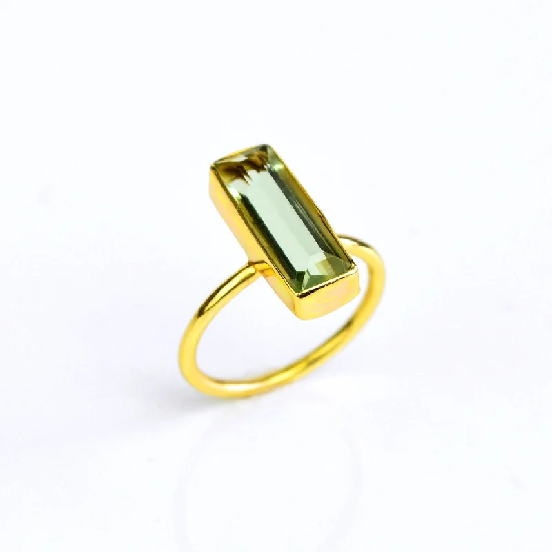 Gold Engagement Ring-Green Amethyst Bar Ring : February Birthstone