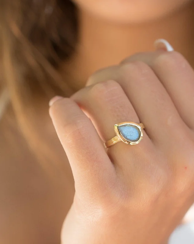 Gold Cocktail Ring-Lica Rainbow Labradorite Tear Drop Ring ~ 18k Gold Plated ~ SMR127