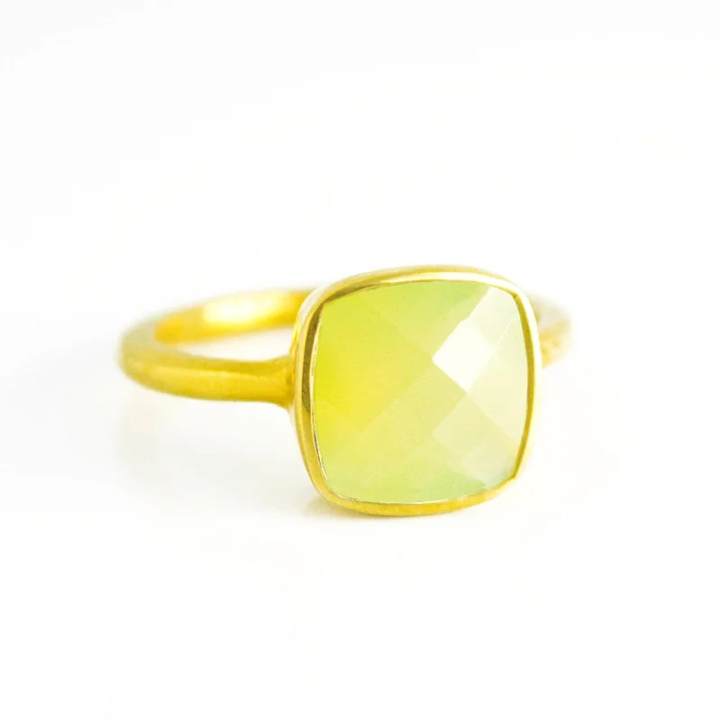 Stackable Rings for Women-Peridot Chalcedony Cushion Square Bezel Set Stacking Ring: August Birthstone