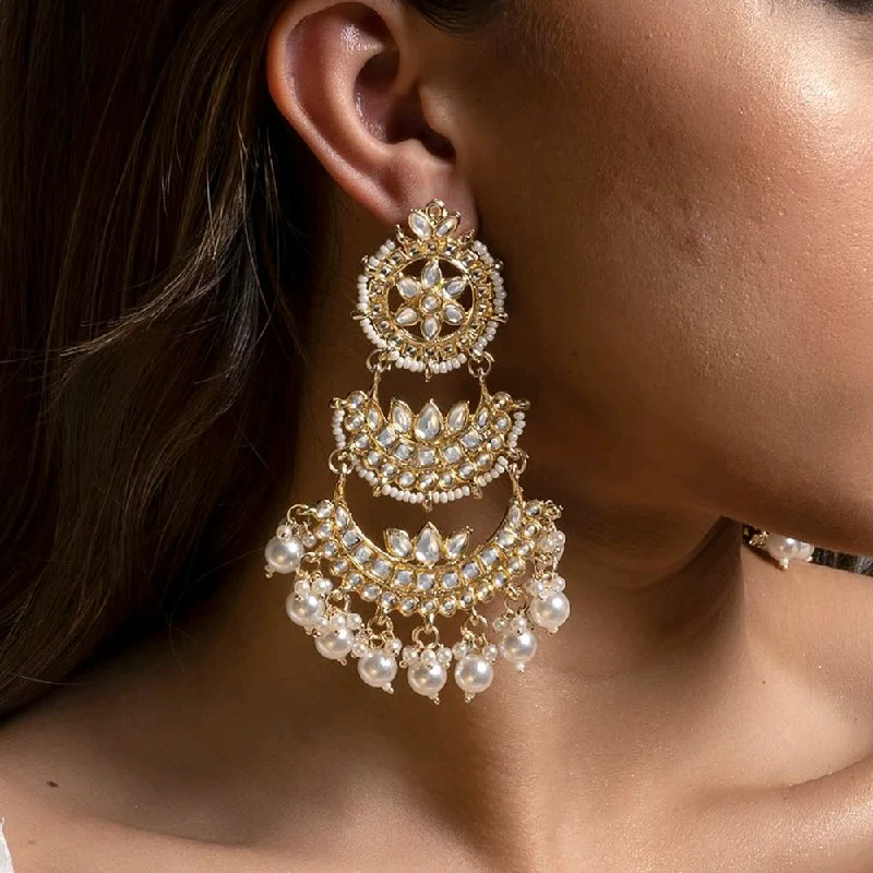 Long Crystal Earrings-Long Crystal Earrings-Gehana Mahal Gold Plated Kundan And Pearl Dangler Earrings