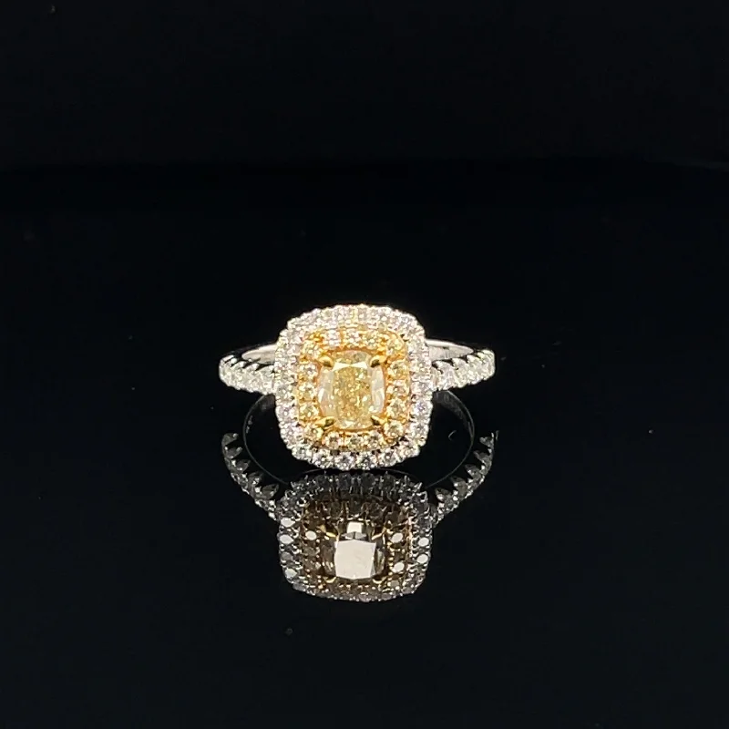 Classic Wedding Band Set-Fancy Yellow & White Diamond Double Halo Ring in 18k Two Tone Gold - (#119-JR0220GH)