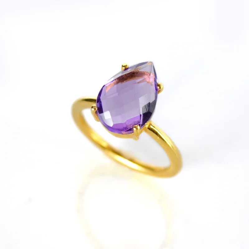 Rose Gold Promise Ring-Purple Amethyst Teardrop Prong Set Ring • February Birthstone