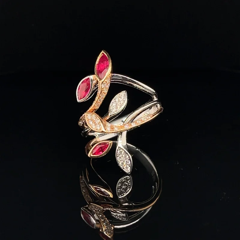 Simple Diamond Band-Ruby & Diamond Tulip Garden Ring in 18k Two Tone Gold - (#107-RGRUB103199)