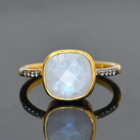 Large Gemstone Ring-Moonstone Pave Cushion Bezel Set Stacking Ring: June Birthstone