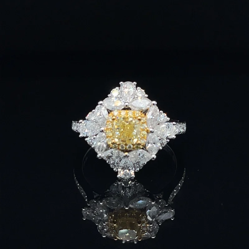 Bold Silver Band Ring-Fancy Yellow & White Diamond Cluster Engagement Ring in 18k Two-Tone Gold - #538 - RGDIA669200