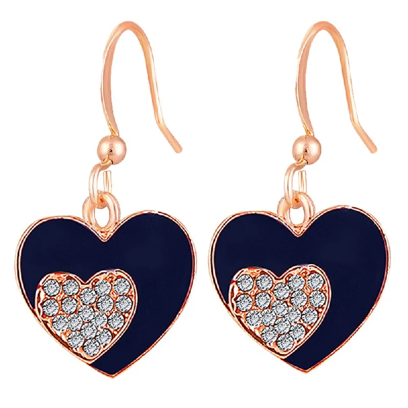 Bridal Earrings with Diamonds-Bridal Earrings with Diamonds-Mahi Rose Gold Plated Navy Blue Meenakari Work and Crystals Dual Heart Earrings for Women (ER1109845ZNBlu)