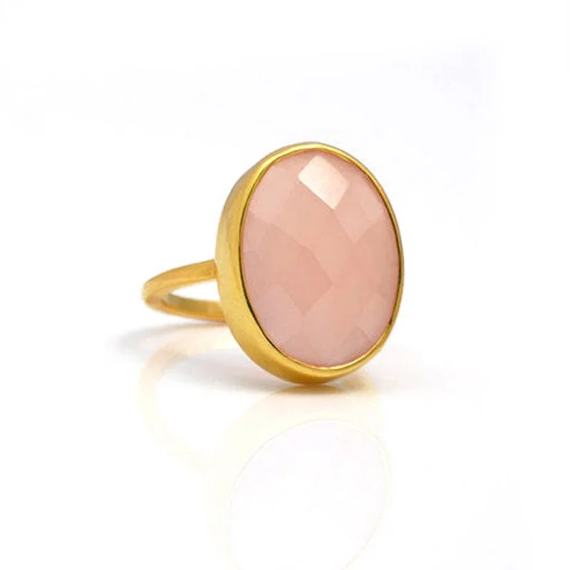 Unique Couples Rings-Pink Chalcedony large oval bezel set ring • October Birthstone