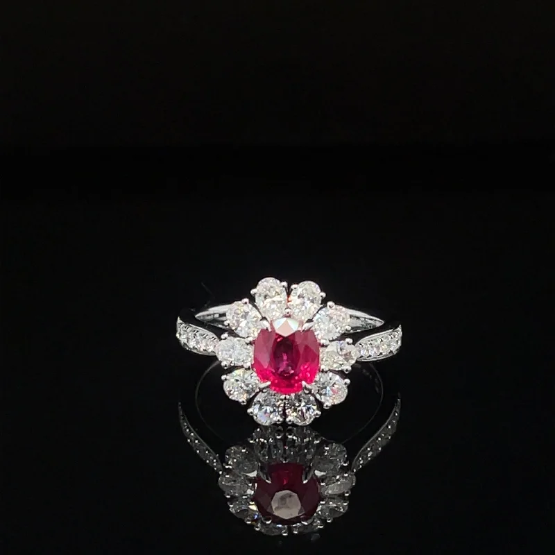 Custom Diamond Ring-Ruby & Diamond Halo Flower Cluster Anniversary Ring in 18k White Gold - #624 - RGRUB106583