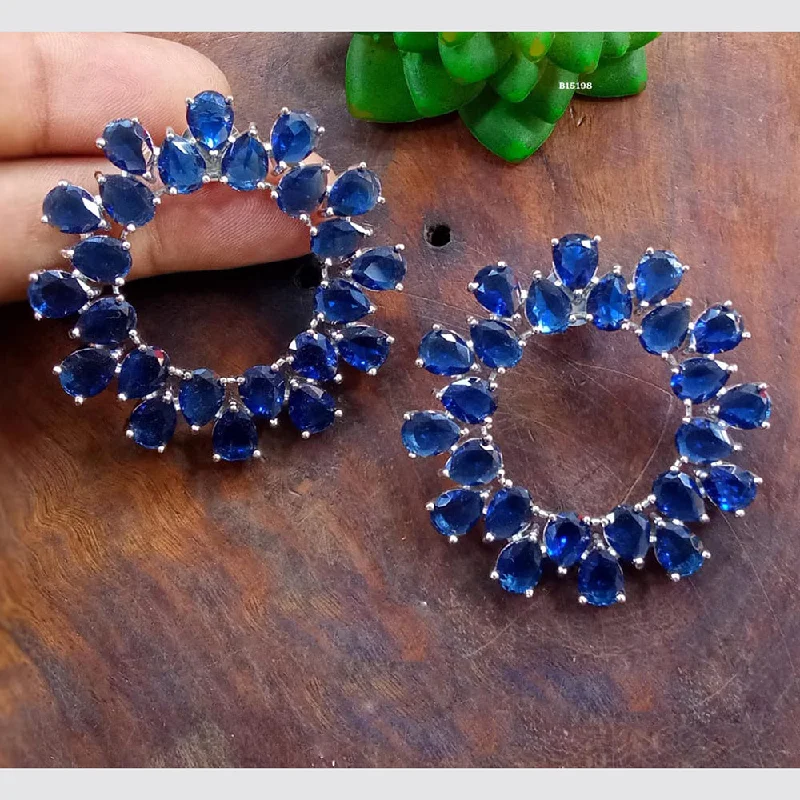 Geometric Shape Earrings-Geometric Shape Earrings-Blue Petal Diamond Silver Plated AD Studs Earrings