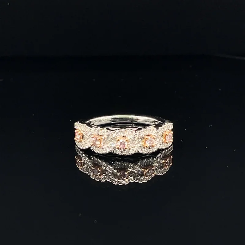 Handmade Gemstone Ring-Fancy Pink & White Diamond 5-Stone Halo Wedding Band in 18k Two Tone Gold (#127-JRBP173GC - 1B)