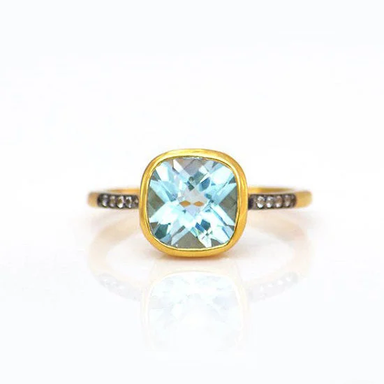 Vintage Engagement Ring-Blue Topaz Pave Cushion Bezel Set Stacking Ring: December Birthstone