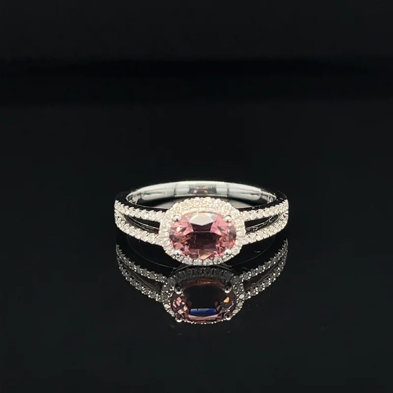 Wedding Ring with Colored Gemstones-Rubellite Pink Tourmaline & Diamond Oval Halo Split Ring in 18k White Gold - #542 - RGRUL006232