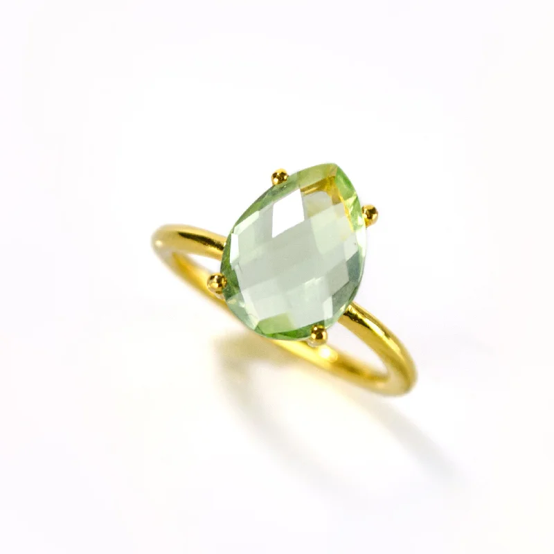 Boho Style Ring-Prasiolite Green Amethyst Teardrop Prong Set Ring • February Birthstone