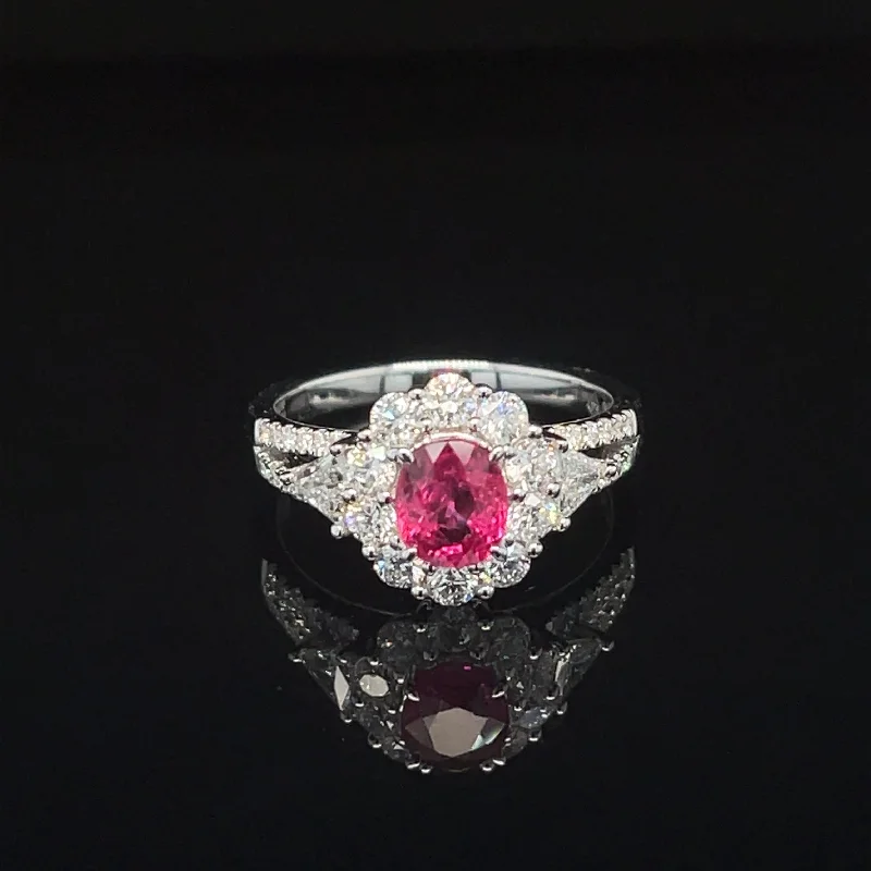 Men’s Customizable Ring-Oval Ruby & Diamond Halo Cluster Engagement Ring in 18k White Gold - #614 - RGRUB106829