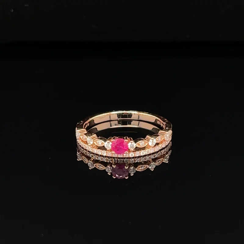 Simple Silver Ring for Women-Vintage Princess Crown Ruby & Diamond Double Stack Ring in 18k Rose Gold - (#238 - HRRUB002598)