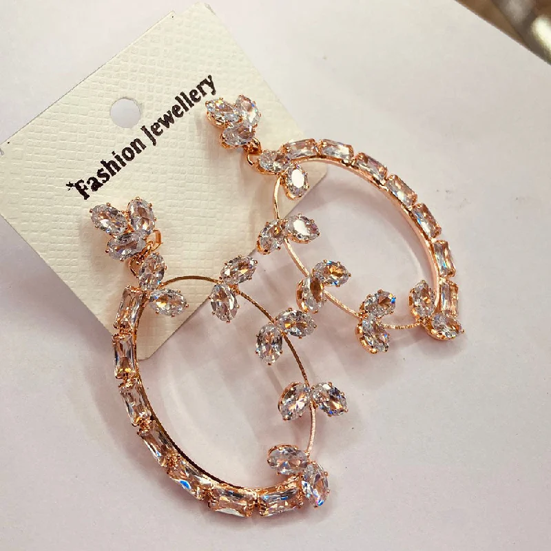 Unique Designer Earrings-Unique Designer Earrings-Naitika Art Rose Gold Plated Crystal Stone Dangler Earrings