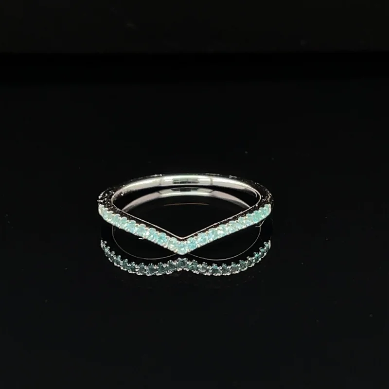 Art Deco Diamond Ring-Paraiba Tourmaline V-Shaped Chevron Stacking Band in 18k White Gold - (#223 - HRPAR000126)