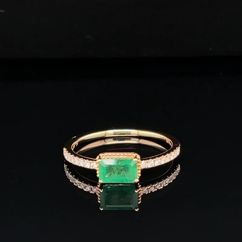 Colorful Gemstone Ring-Emerald & Diamond Solitaire Engagement Ring in 18k Rose Gold - (#241 - HREME000613)