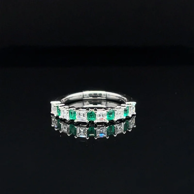 Personalized Men’s Ring-Emerald & Diamond ⅓ Eternity Ring in 18k White Gold - #527 - RGEME066129