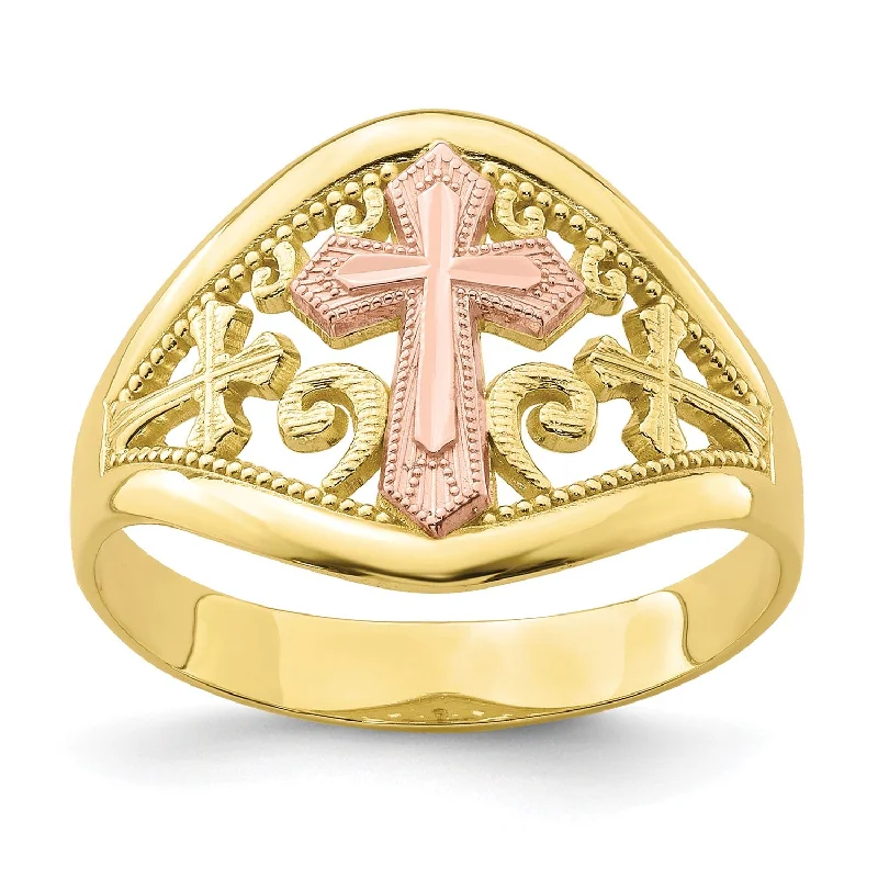 Sapphire Ring for Women-10KT Yellow and Rose Gold Cross Ring; Size 7