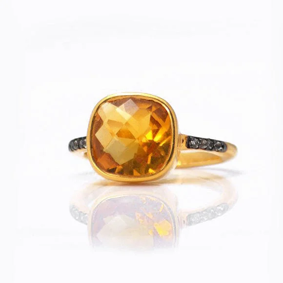 Bold Statement Ring-Citrine Pave Cushion Bezel Set Stacking Ring: November Birthstone