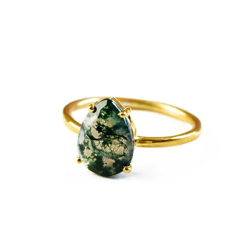 Classic Solitaire Ring-Moss Agate Teardrop Prong Set Ring • Virgo Birthstone