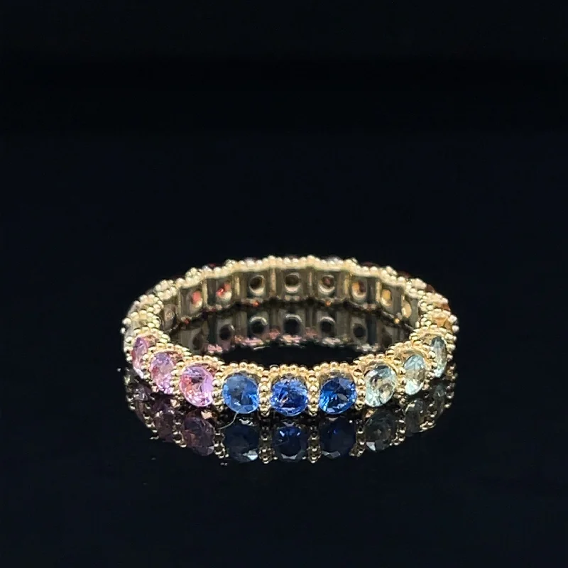 Cushion Cut Sapphire Ring-Rainbow 7 Color Sapphires Milgrain Eternity Wedding Ring in 18k Yellow Gold - #553 - RGSAX006854