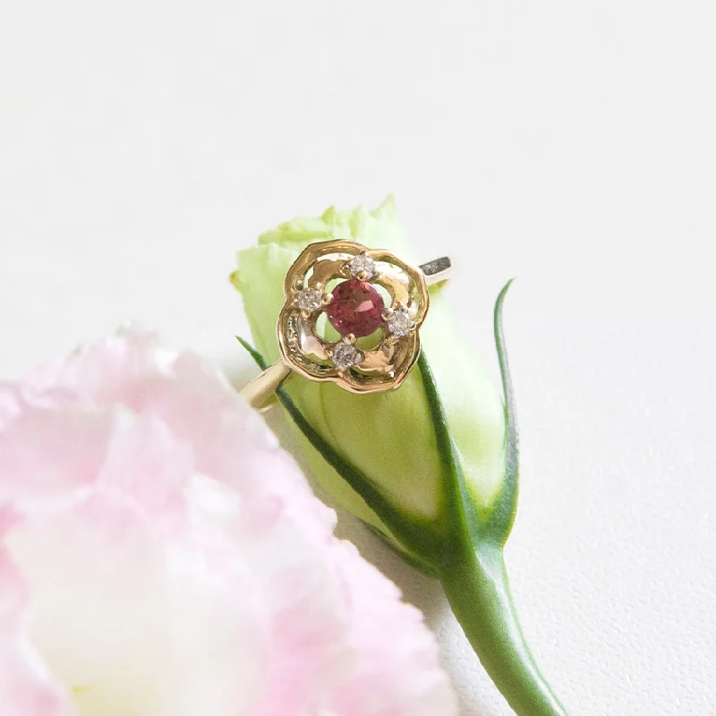 Wedding Ring Set with Diamonds-Peranakan Sparkle Ring with Pink Tourmaline and Diamonds