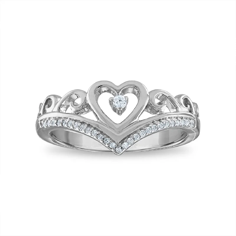 Luxury Wedding Band-1/10 CTW Diamond Heart Tiara Crown Ring in Rhodium Plated Sterling Silver