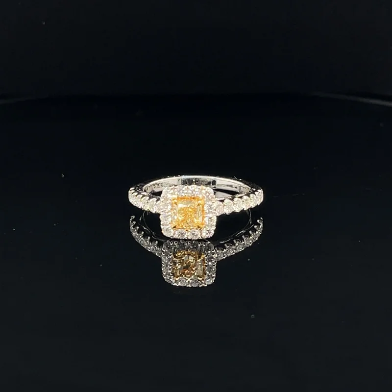 Two-Tone Wedding Ring-Fancy Yellow & White Diamond Radiant Halo Ring in 18k Two Tone Gold - (#117-JR0894GH-01)